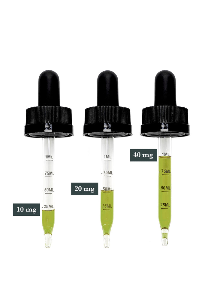 Treadwell Farms Evening Blend CBD Hemp Extract droppers come with .25mL, .50mL, .75mL, and 1mL measurements to help manage your dosage intake. 