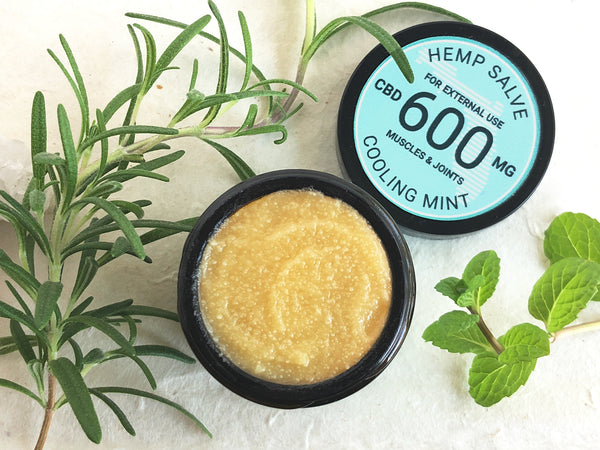 Overhead open 1 oz jar of Treadwell Farms 600 mg high potency Cooling Mint CBD topical salve propped with rosemary sprig and mint leaves representing herbal ingredients