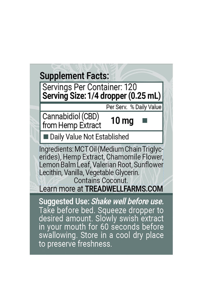 Supplement facts of Treadwell Farms Evening Blend Hemp Extract