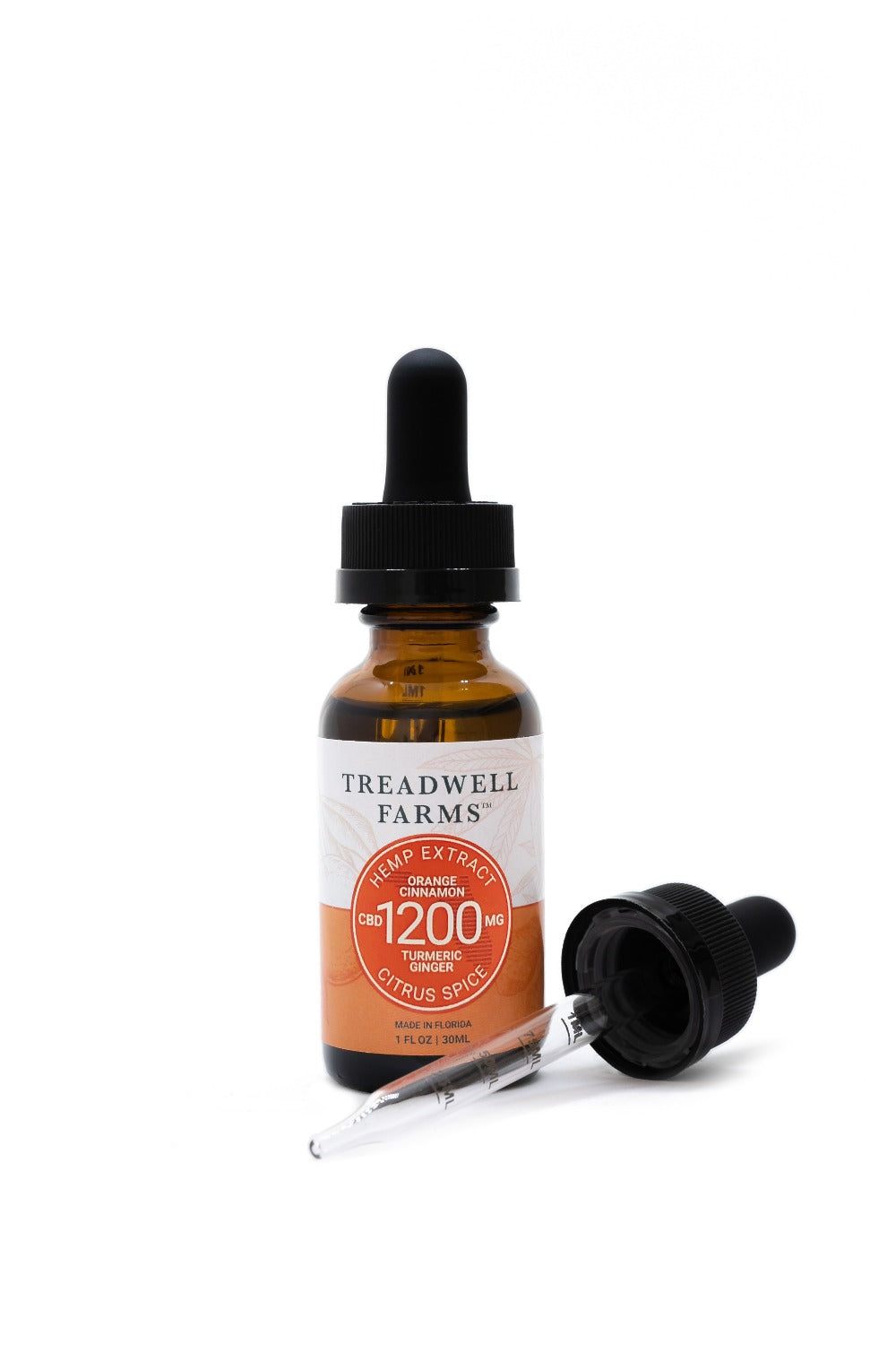 Treadwell Farms 1200 mg high potency Citrus Spice CBD hemp oil tincture bottle and dosage measurement dropper