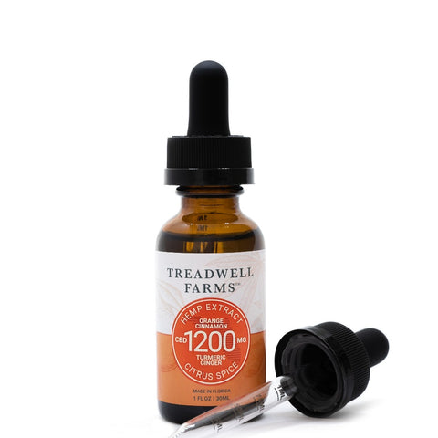 Treadwell Farms 1200 mg high potency Citrus Spice CBD hemp oil tincture bottle and dosage measurement dropper