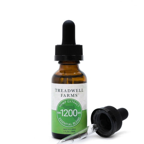 Treadwell Farms 1200 mg high potency Essential Blend CBD hemp oil tincture bottle and dosage measurement dropper