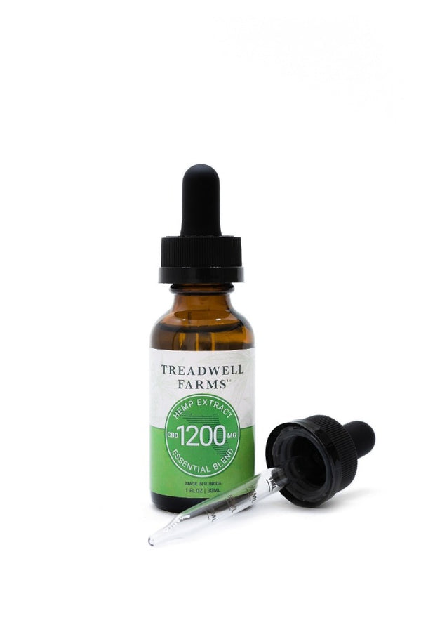 Treadwell Farms 1200 mg high potency Essential Blend CBD hemp oil tincture bottle and dosage measurement dropper