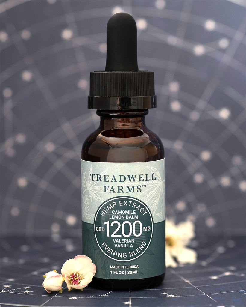 Treadwell Farms Evening Blend Hemp Extract is made of pure organic CBD Hemp Extract, Sunflower Lecithin, Organic MCT Oil (Coconut Oil) and medicinal botanicals that promote relaxation and encourage a restful sleep