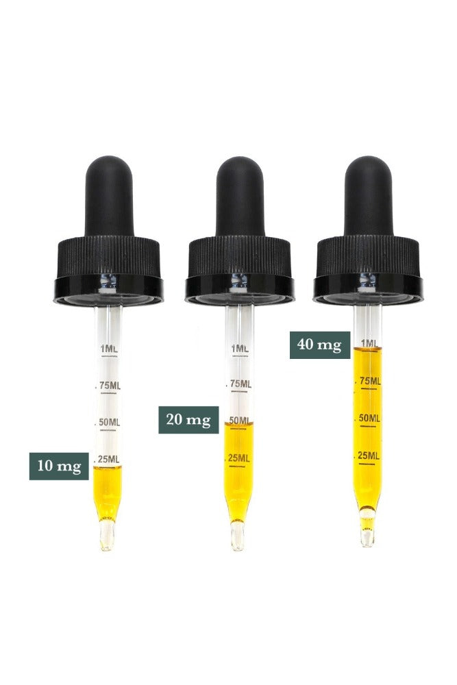 Treadwell Farms Essential Blend  CBD Hemp Extract droppers come with .25mL, .50mL, .75mL, and 1mL measurements to help manage your dosage intake.